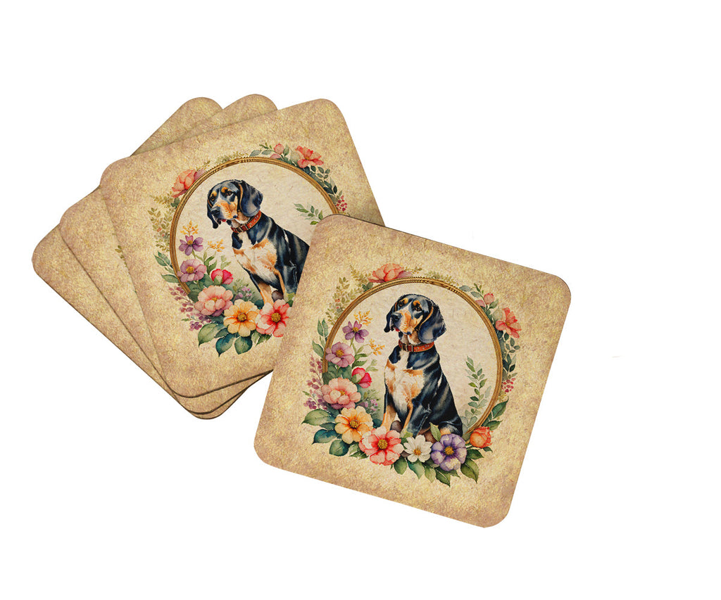 American English Coonhound and Flowers Foam Coasters Set of 4 Cup Coasters for Indoor Outdoor, Tabletop Protection, Anti Slip, Mouse pad Material