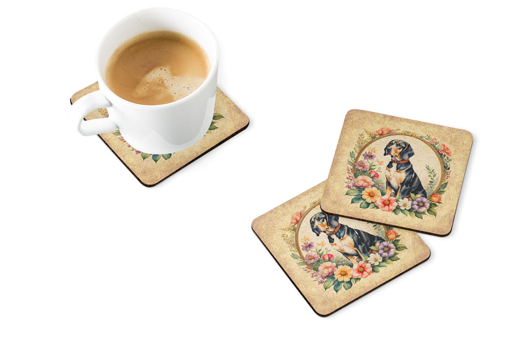American English Coonhound and Flowers Foam Coasters Set of 4 Cup Coasters for Indoor Outdoor, Tabletop Protection, Anti Slip, Mouse pad Material