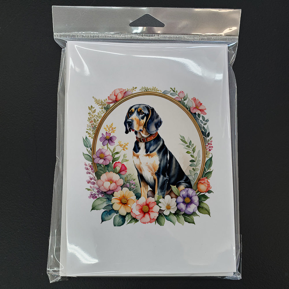 American English Coonhound and Flowers Greeting Cards Pack of 8 Blank Cards with Envelopes Whimsical A7 Size 5x7