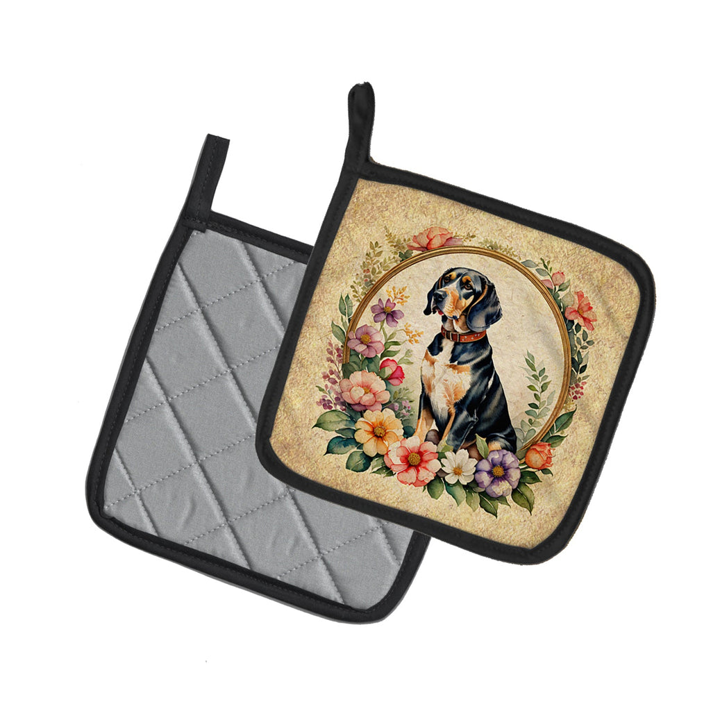 American English Coonhound and Flowers Pot Holder Set of 2 Heat Resistant Quilted Hot Pads 7.5 x 7.5 Inch, Insulated Kitchen Trivets for Cooking & Baking