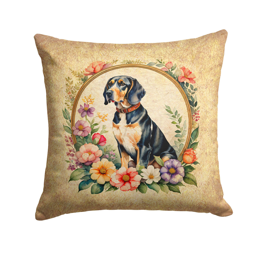 American English Coonhound and Flowers Decorative Throw Pillow 14x14 Indoor Outdoor Accent Cushion, Fabric Cover with Insert for Sofa, Bed, Porch & Living Room