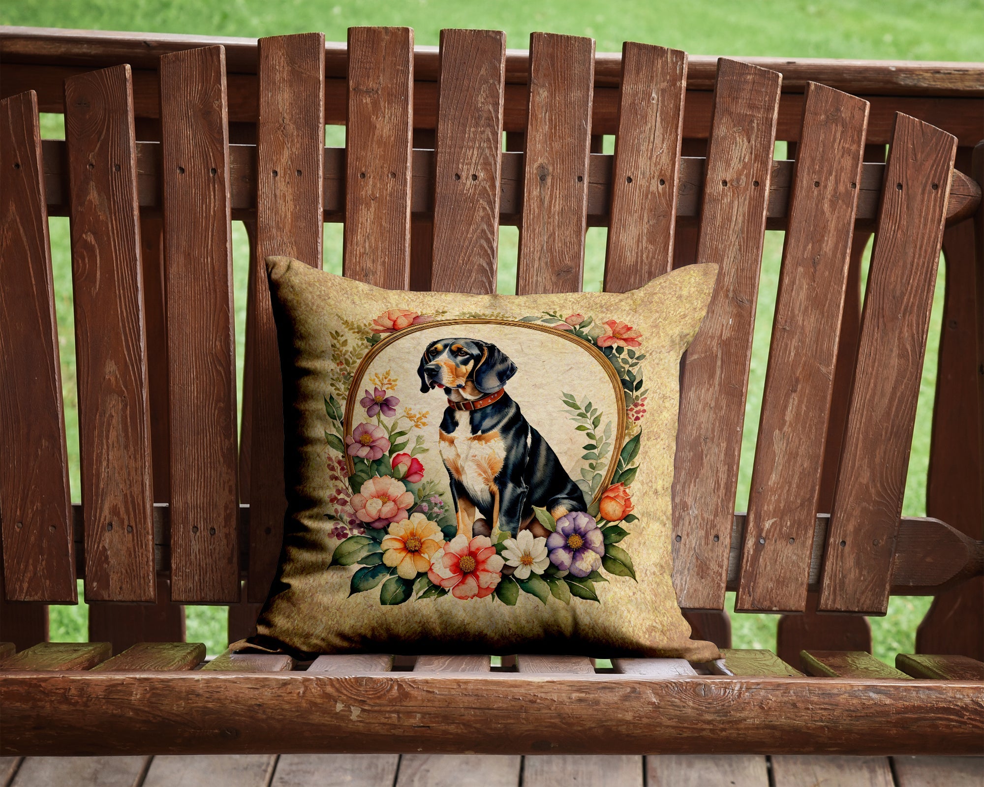 American English Coonhound and Flowers Decorative Throw Pillow 14x14 Indoor Outdoor Accent Cushion, Fabric Cover with Insert for Sofa, Bed, Porch & Living Room