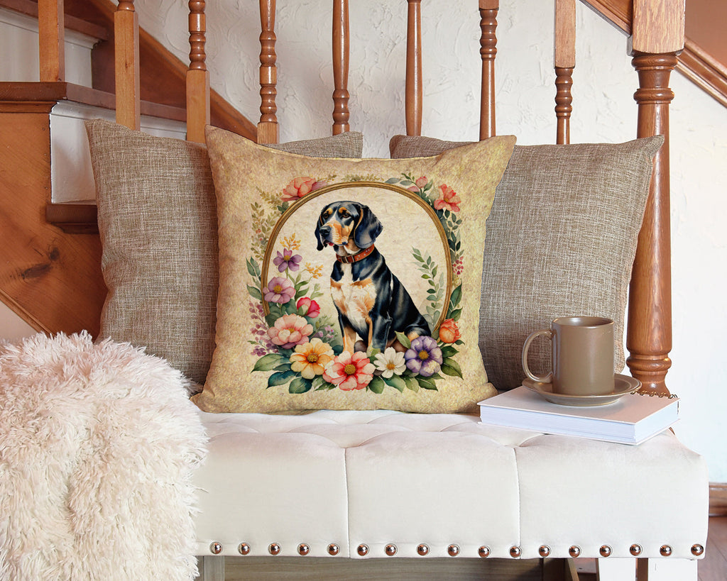 American English Coonhound and Flowers Decorative Throw Pillow 14x14 Indoor Outdoor Accent Cushion, Fabric Cover with Insert for Sofa, Bed, Porch & Living Room