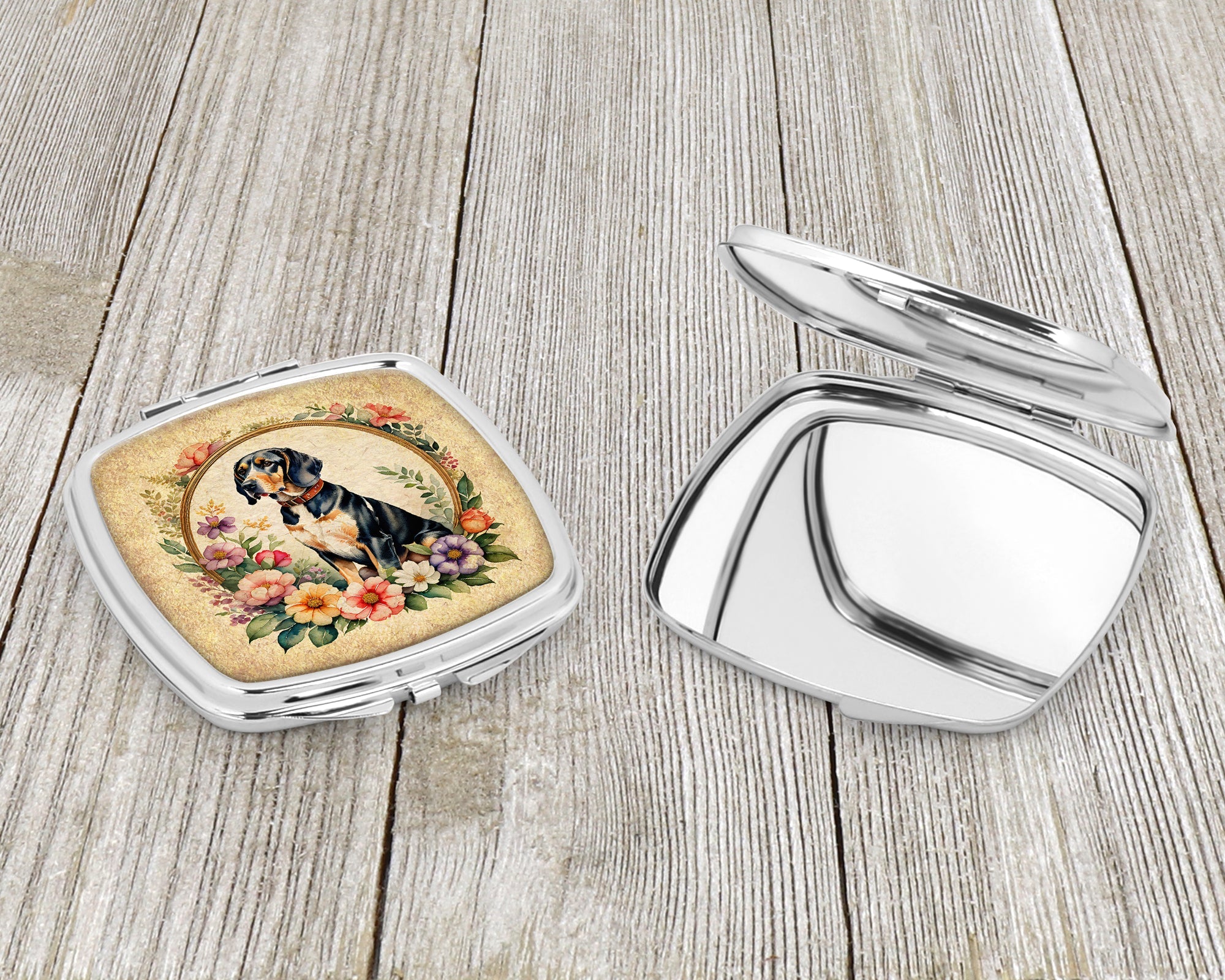 American English Coonhound and Flowers Compact Mirror Decorative Travel Makeup Mirror for Women Girls Gifts Pocket Makeup Mirror Folding Handheld