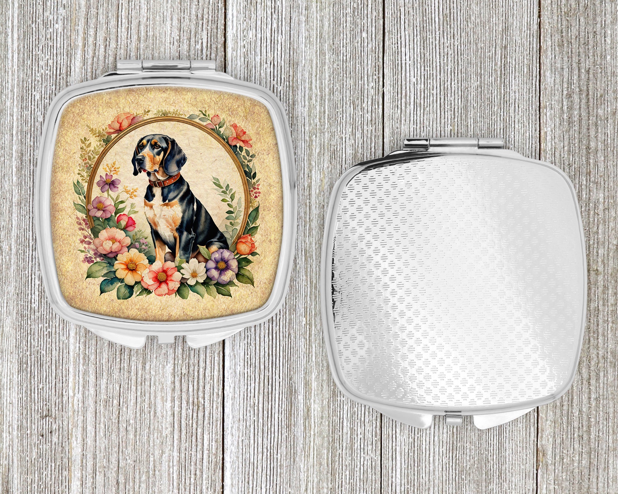 American English Coonhound and Flowers Compact Mirror Decorative Travel Makeup Mirror for Women Girls Gifts Pocket Makeup Mirror Folding Handheld