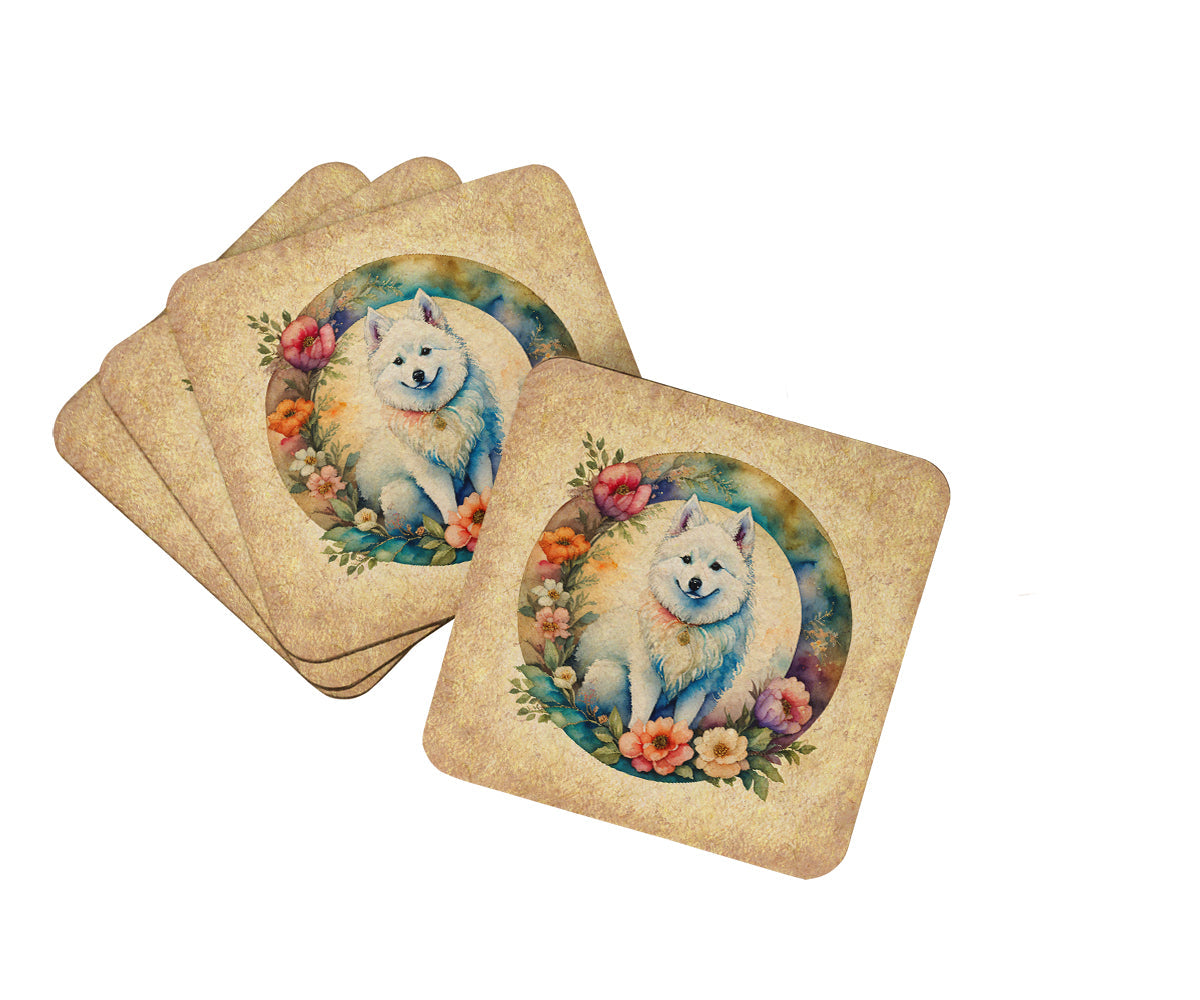 American Eskimo and Flowers Foam Coasters Set of 4 Cup Coasters for Indoor Outdoor, Tabletop Protection, Anti Slip, Mouse pad Material