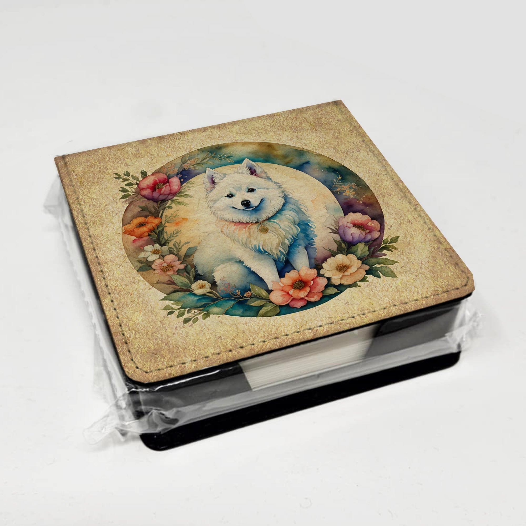 American Eskimo and Flowers PU Leather Note Paper Holder with Artist-Designed Cover, Desk Accessory, Office Gift