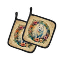 American Eskimo and Flowers Pot Holder Set of 2 Heat Resistant Quilted Hot Pads 7.5 x 7.5 Inch, Insulated Kitchen Trivets for Cooking & Baking