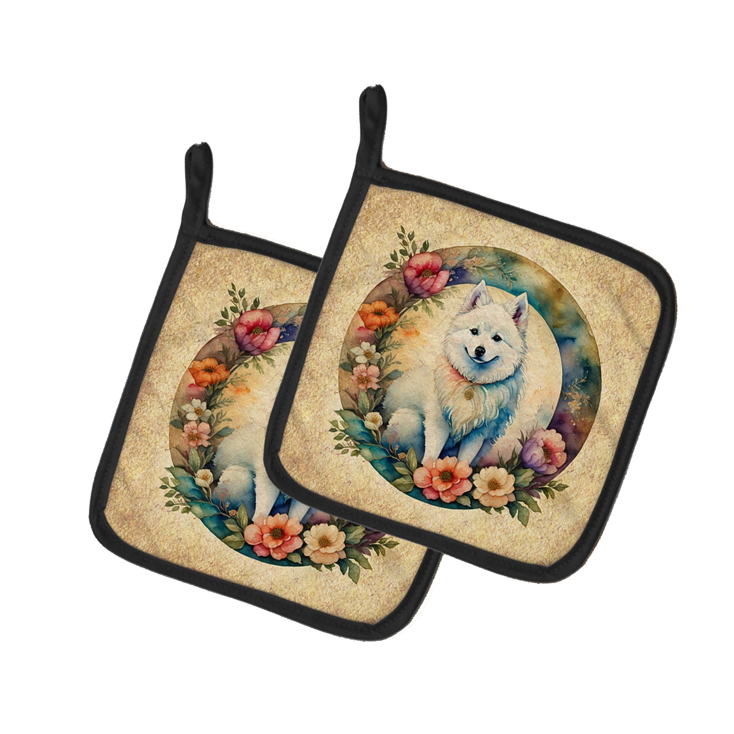 American Eskimo and Flowers Pot Holder Set of 2 Heat Resistant Quilted Hot Pads 7.5 x 7.5 Inch, Insulated Kitchen Trivets for Cooking & Baking