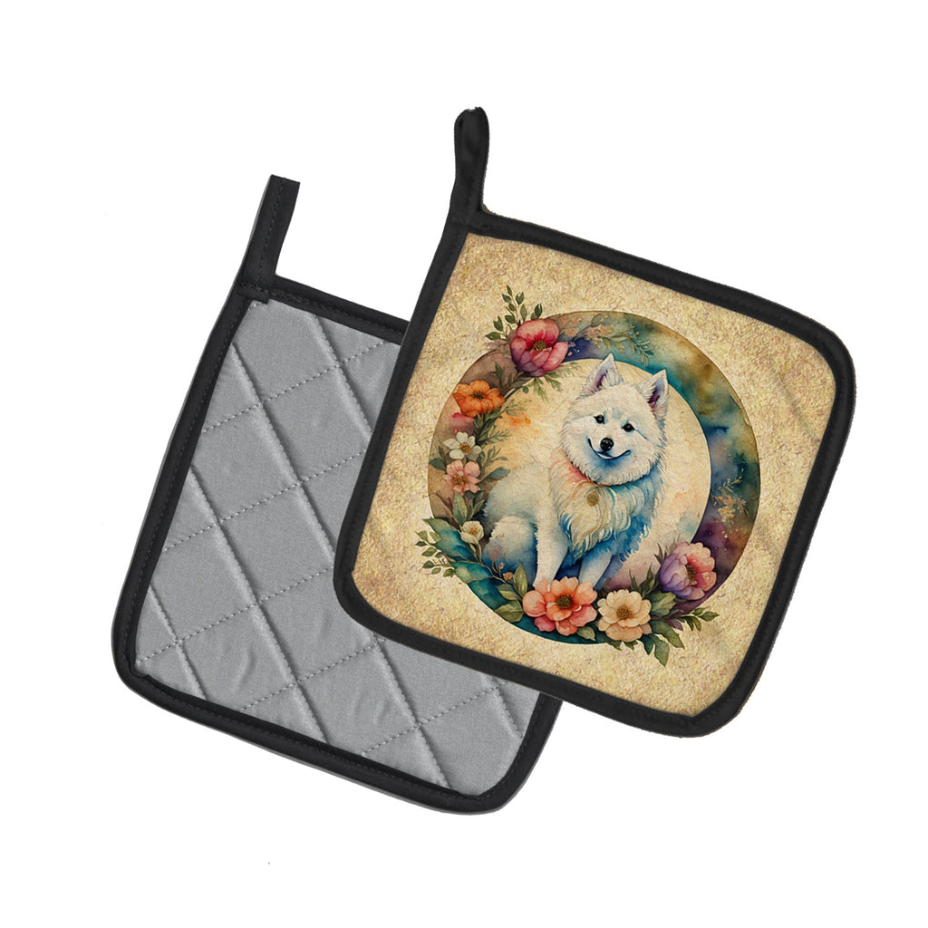 American Eskimo and Flowers Pot Holder Set of 2 Heat Resistant Quilted Hot Pads 7.5 x 7.5 Inch, Insulated Kitchen Trivets for Cooking & Baking
