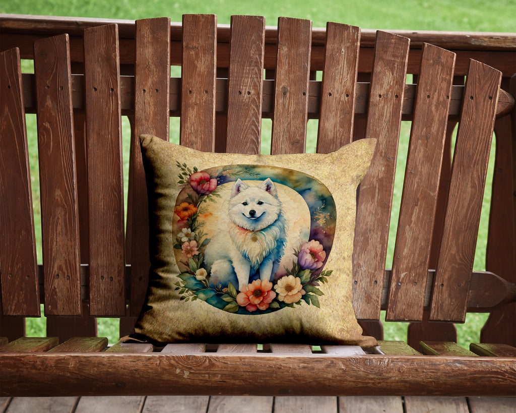 American Eskimo and Flowers Decorative Throw Pillow 14x14 Indoor Outdoor Accent Cushion, Fabric Cover with Insert for Sofa, Bed, Porch & Living Room