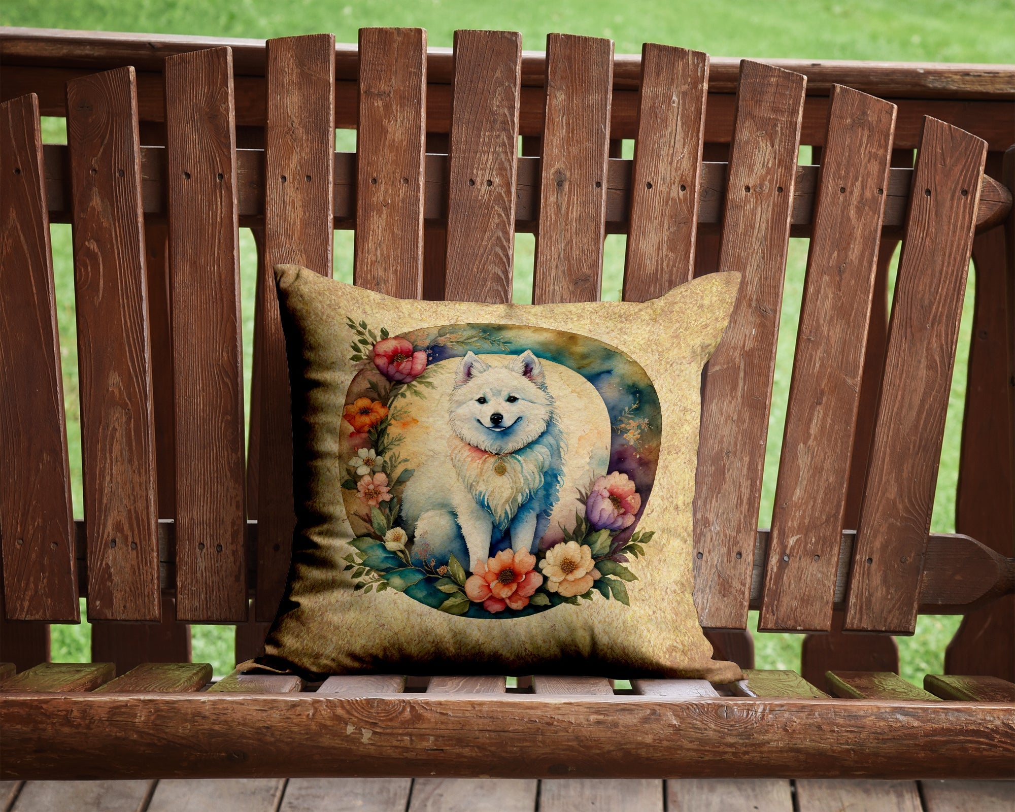 American Eskimo and Flowers Decorative Throw Pillow 14x14 Indoor Outdoor Accent Cushion, Fabric Cover with Insert for Sofa, Bed, Porch & Living Room