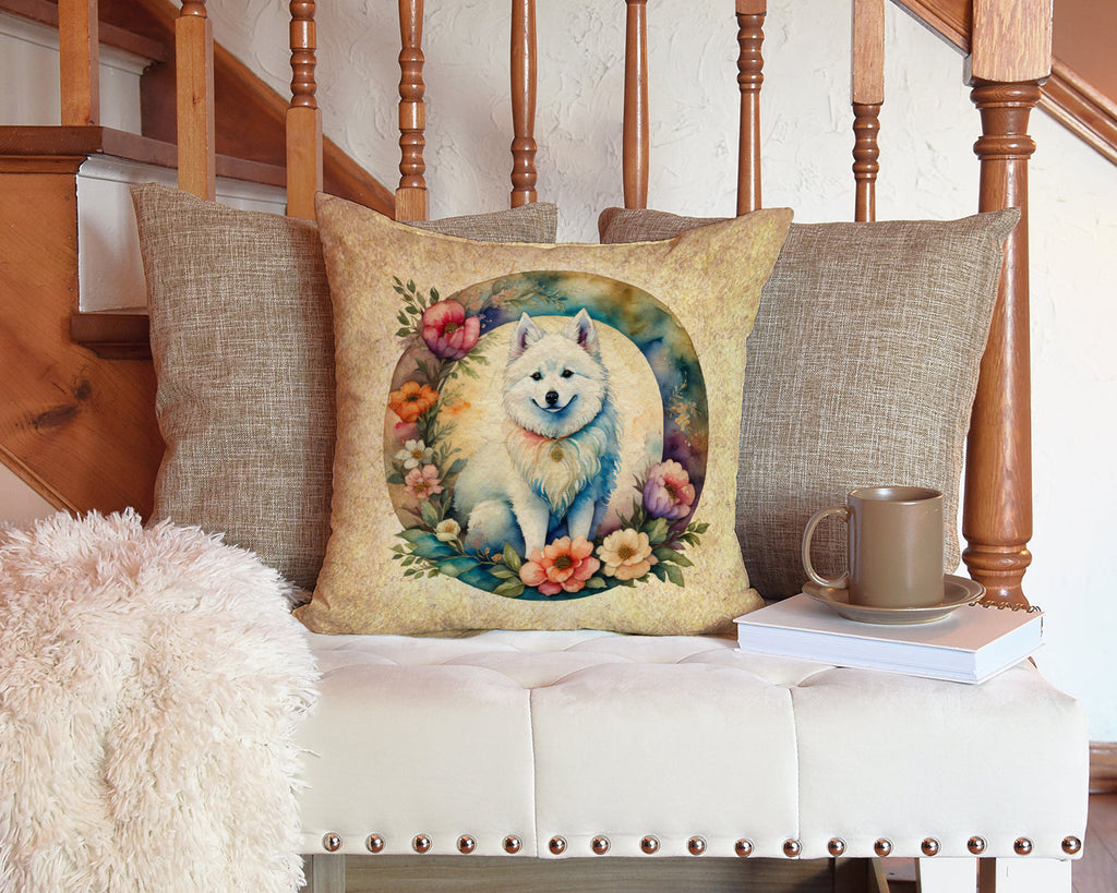 American Eskimo and Flowers Decorative Throw Pillow 14x14 Indoor Outdoor Accent Cushion, Fabric Cover with Insert for Sofa, Bed, Porch & Living Room