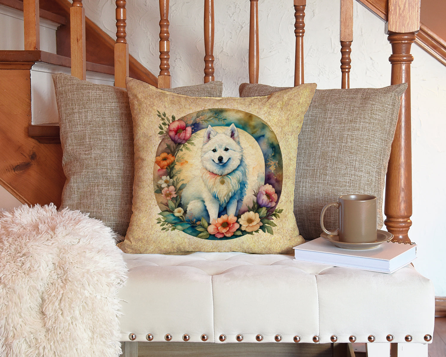 American Eskimo and Flowers Decorative Throw Pillow 14x14 Indoor Outdoor Accent Cushion, Fabric Cover with Insert for Sofa, Bed, Porch & Living Room