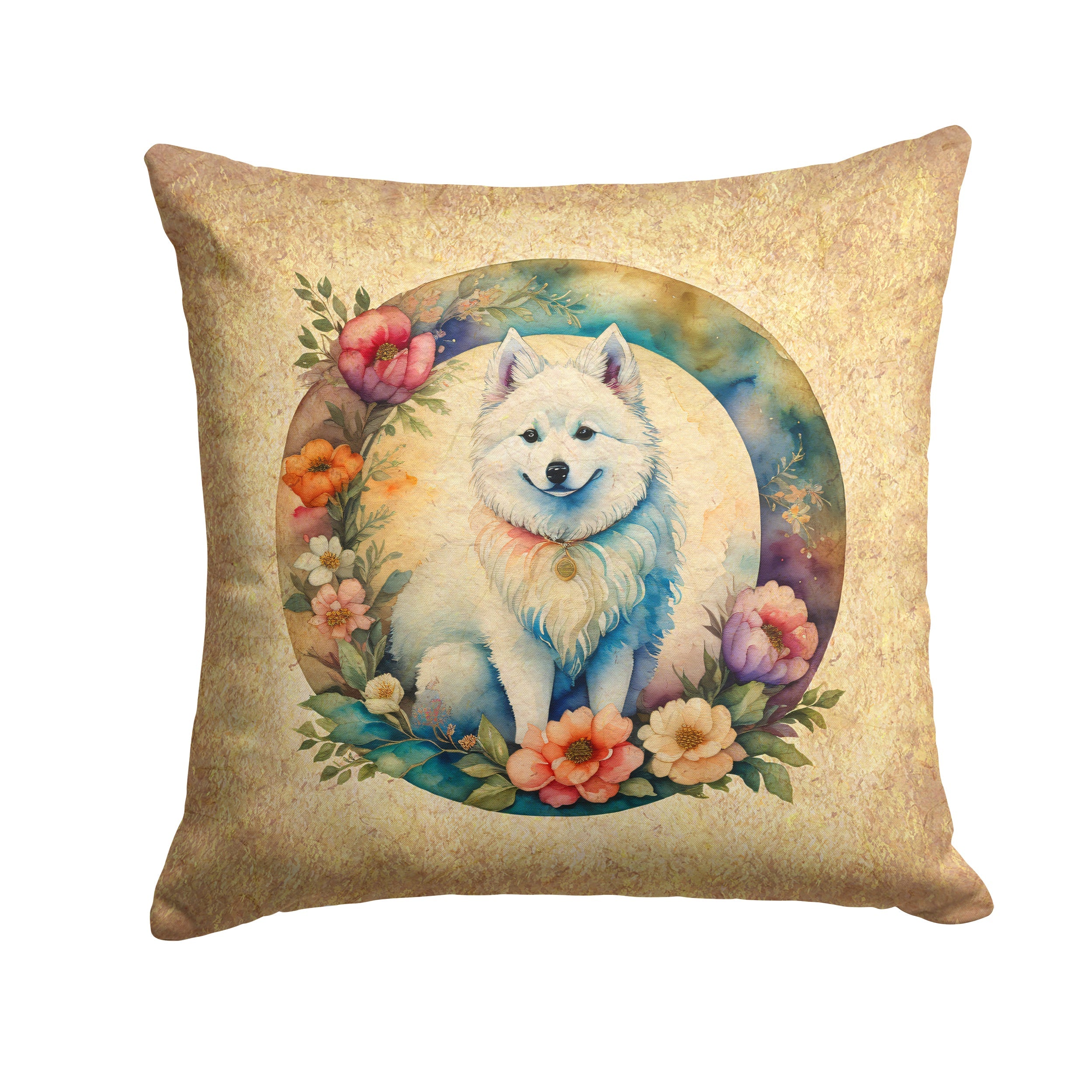 American Eskimo and Flowers Decorative Throw Pillow 18x18 Indoor Outdoor Accent Cushion, Fabric Cover with Insert for Sofa, Bed, Porch & Living Room