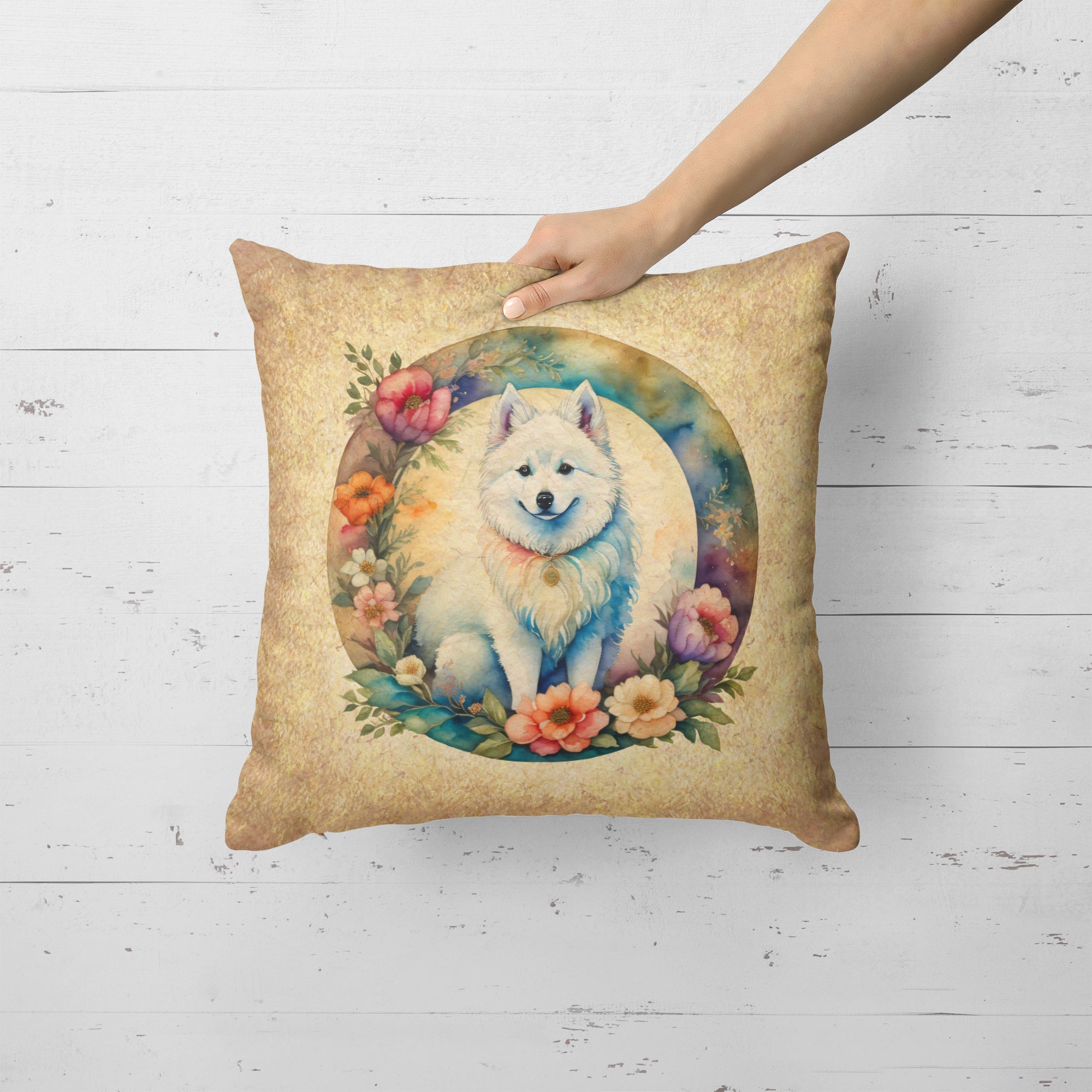 American Eskimo and Flowers Decorative Throw Pillow 18x18 Indoor Outdoor Accent Cushion, Fabric Cover with Insert for Sofa, Bed, Porch & Living Room