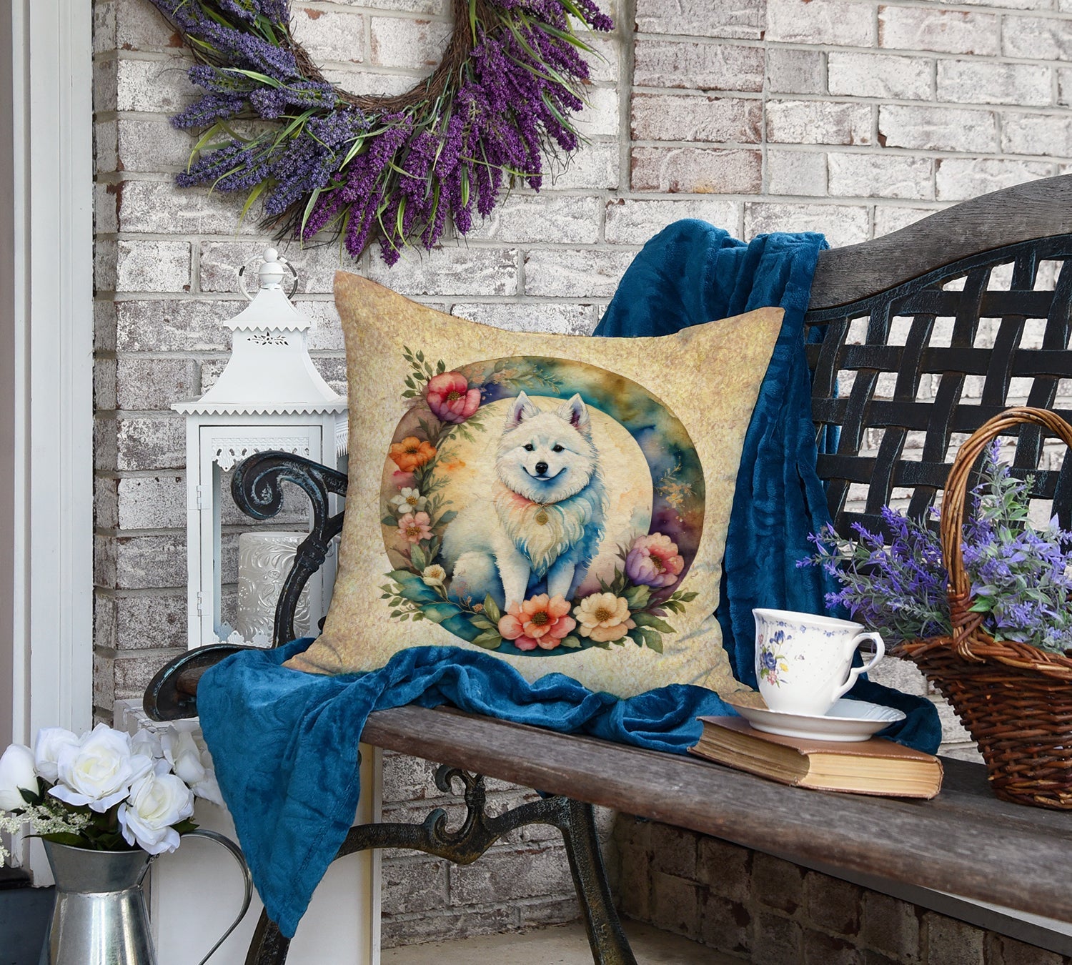 American Eskimo and Flowers Decorative Throw Pillow 18x18 Indoor Outdoor Accent Cushion, Fabric Cover with Insert for Sofa, Bed, Porch & Living Room