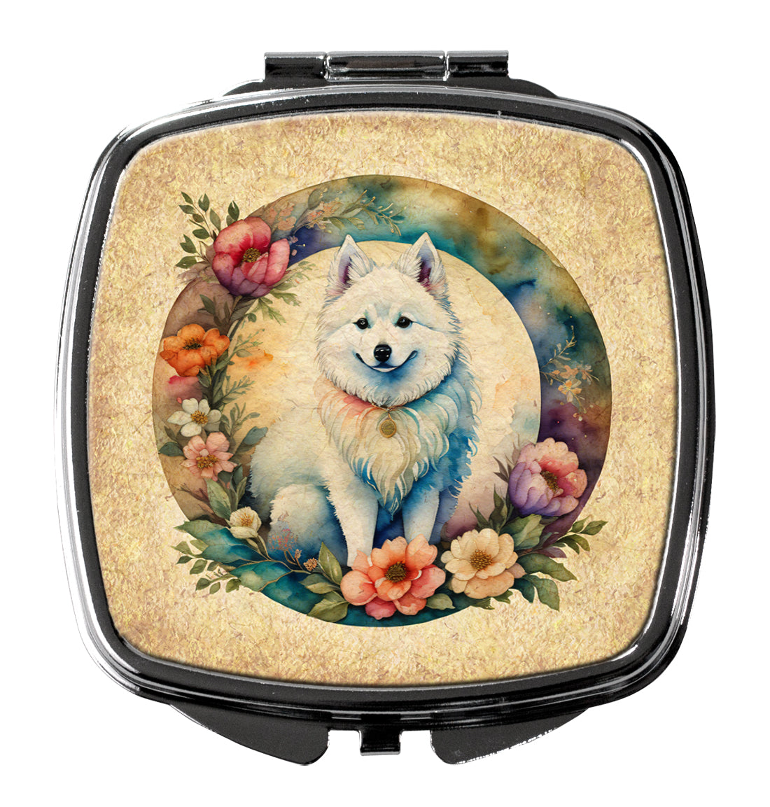 American Eskimo and Flowers Compact Mirror Decorative Travel Makeup Mirror for Women Girls Gifts Pocket Makeup Mirror Folding Handheld