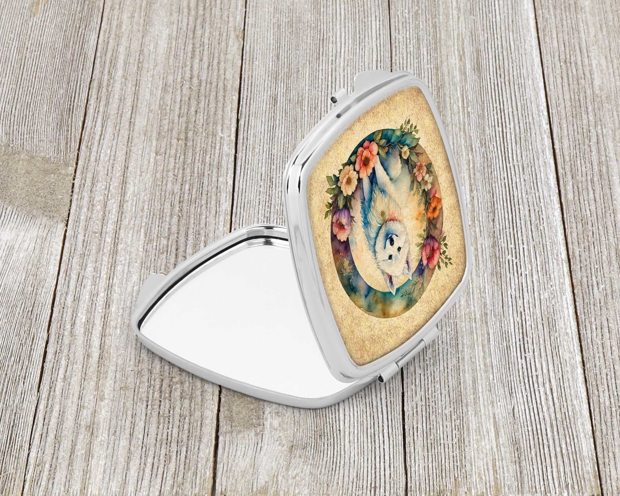 American Eskimo and Flowers Compact Mirror Decorative Travel Makeup Mirror for Women Girls Gifts Pocket Makeup Mirror Folding Handheld