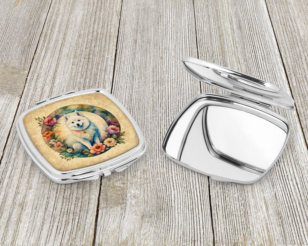American Eskimo and Flowers Compact Mirror Decorative Travel Makeup Mirror for Women Girls Gifts Pocket Makeup Mirror Folding Handheld