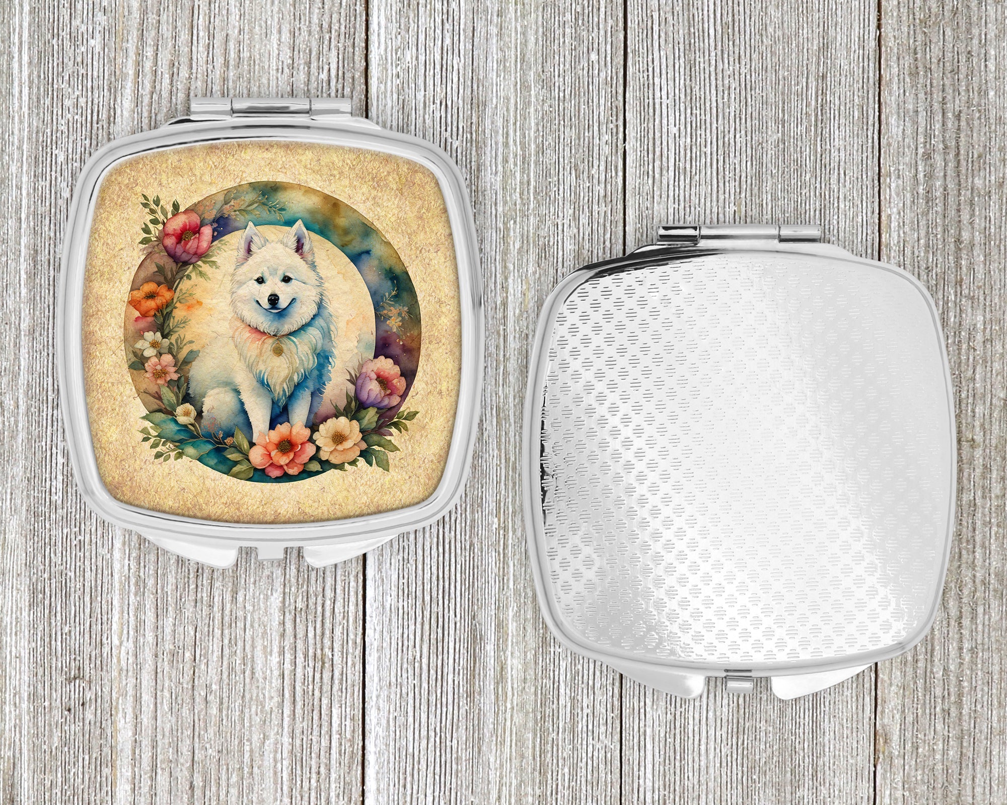 American Eskimo and Flowers Compact Mirror Decorative Travel Makeup Mirror for Women Girls Gifts Pocket Makeup Mirror Folding Handheld