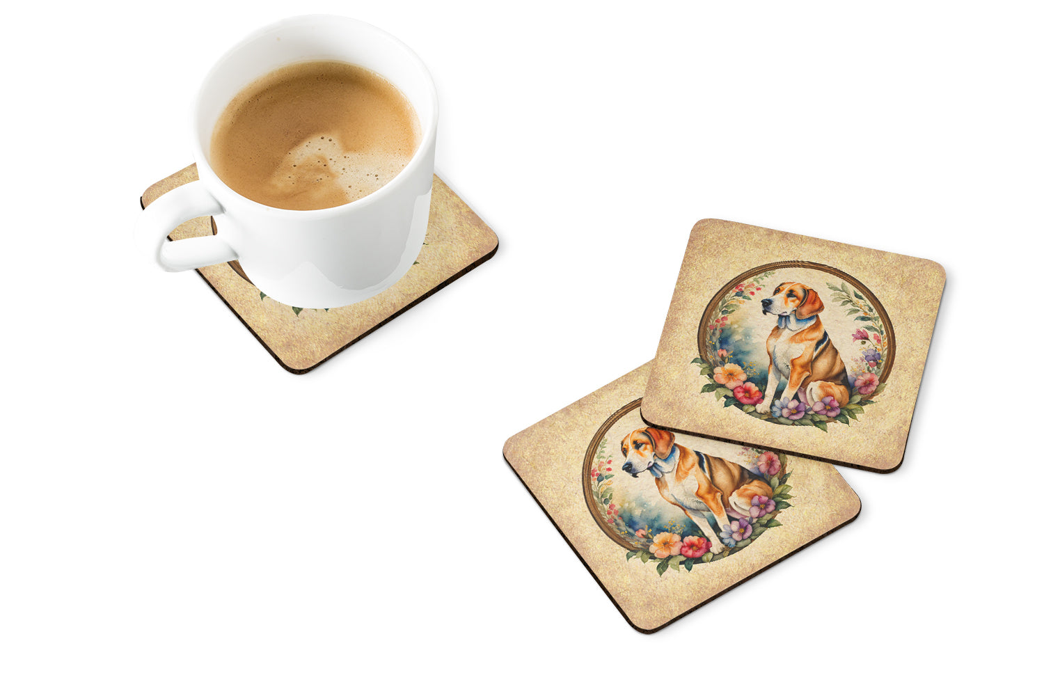 American Foxhound and Flowers Foam Coasters Set of 4 Cup Coasters for Indoor Outdoor, Tabletop Protection, Anti Slip, Mouse pad Material