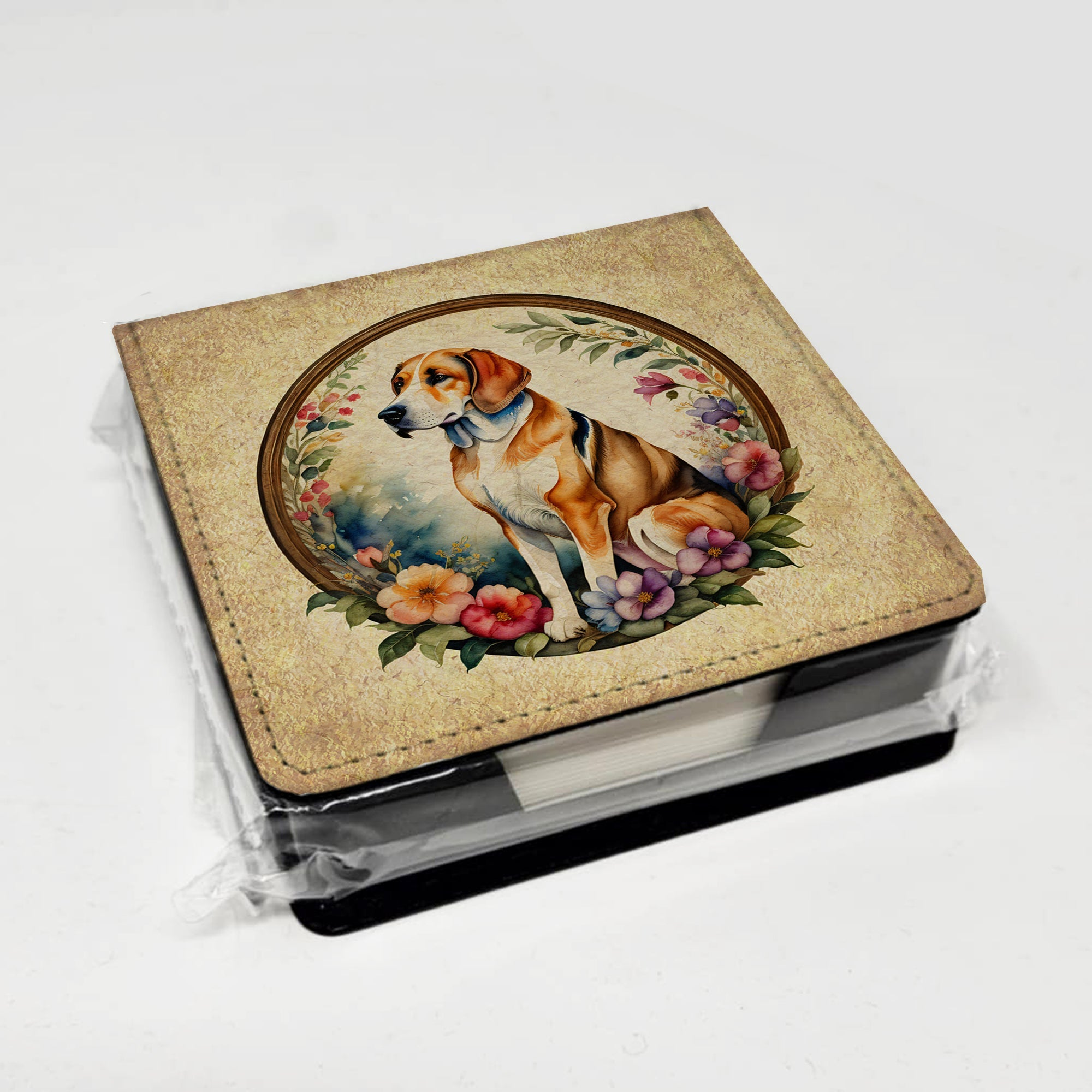 American Foxhound and Flowers PU Leather Note Paper Holder with Artist-Designed Cover, Desk Accessory, Office Gift