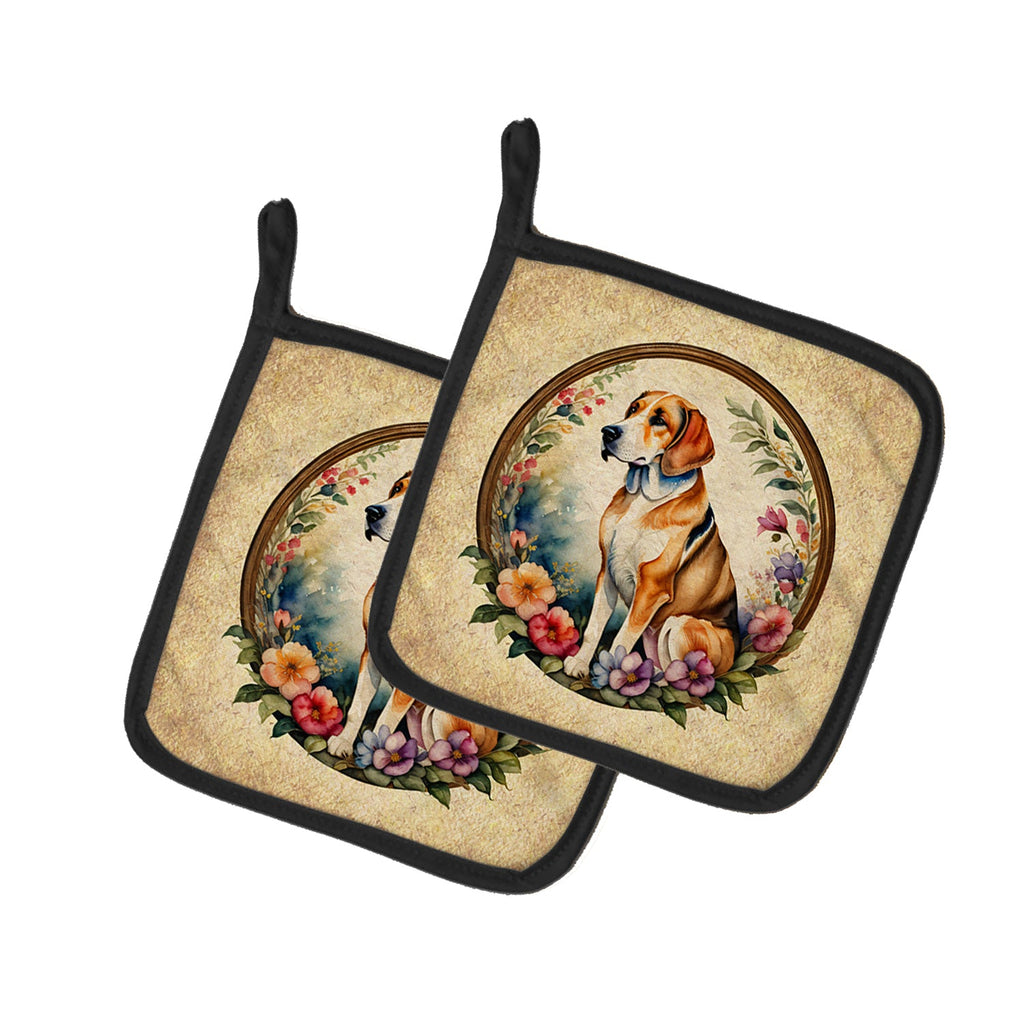American Foxhound and Flowers Pot Holder Set of 2 Heat Resistant Quilted Hot Pads 7.5 x 7.5 Inch, Insulated Kitchen Trivets for Cooking & Baking
