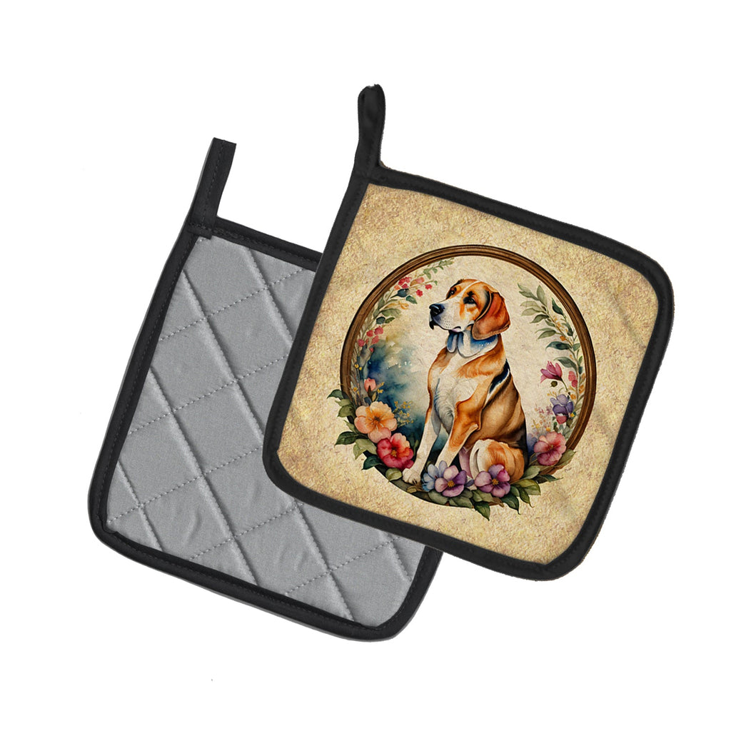 American Foxhound and Flowers Pot Holder Set of 2 Heat Resistant Quilted Hot Pads 7.5 x 7.5 Inch, Insulated Kitchen Trivets for Cooking & Baking