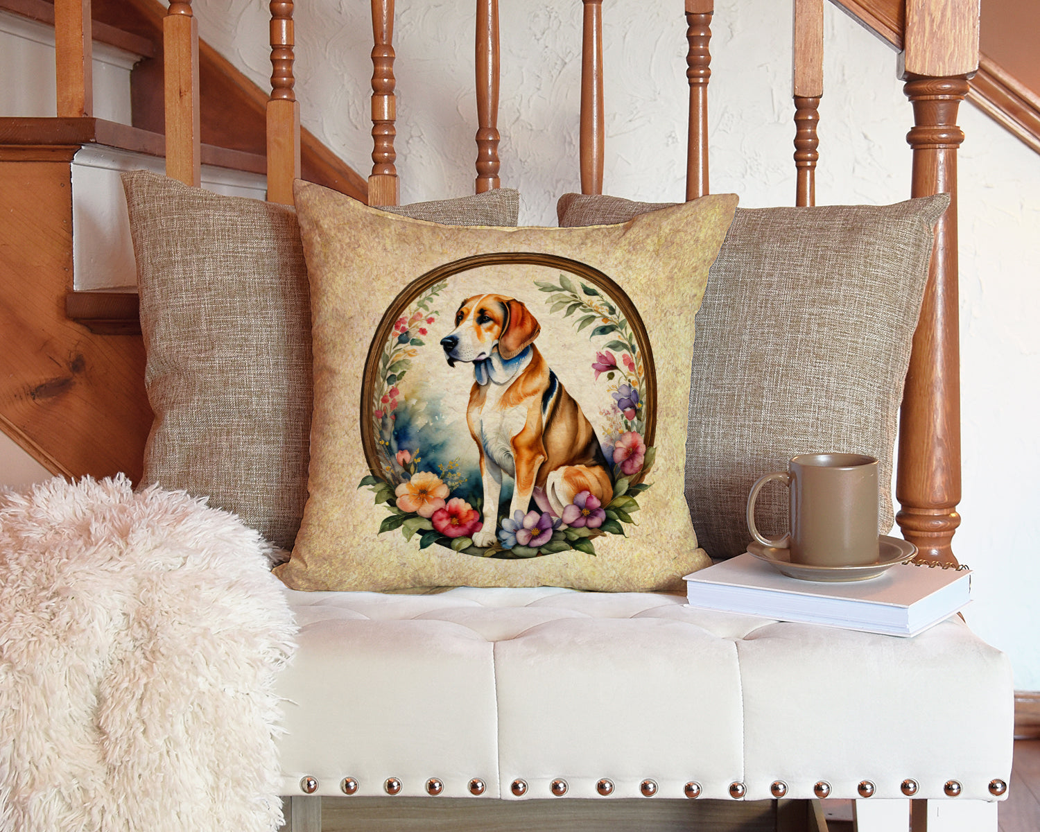American Foxhound and Flowers Decorative Throw Pillow 14x14 Indoor Outdoor Accent Cushion, Fabric Cover with Insert for Sofa, Bed, Porch & Living Room