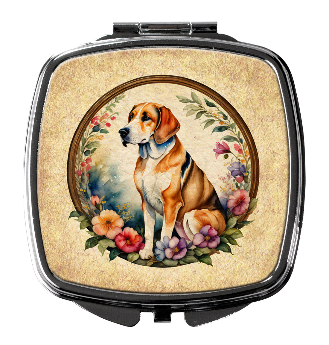 American Foxhound and Flowers Compact Mirror Decorative Travel Makeup Mirror for Women Girls Gifts Pocket Makeup Mirror Folding Handheld