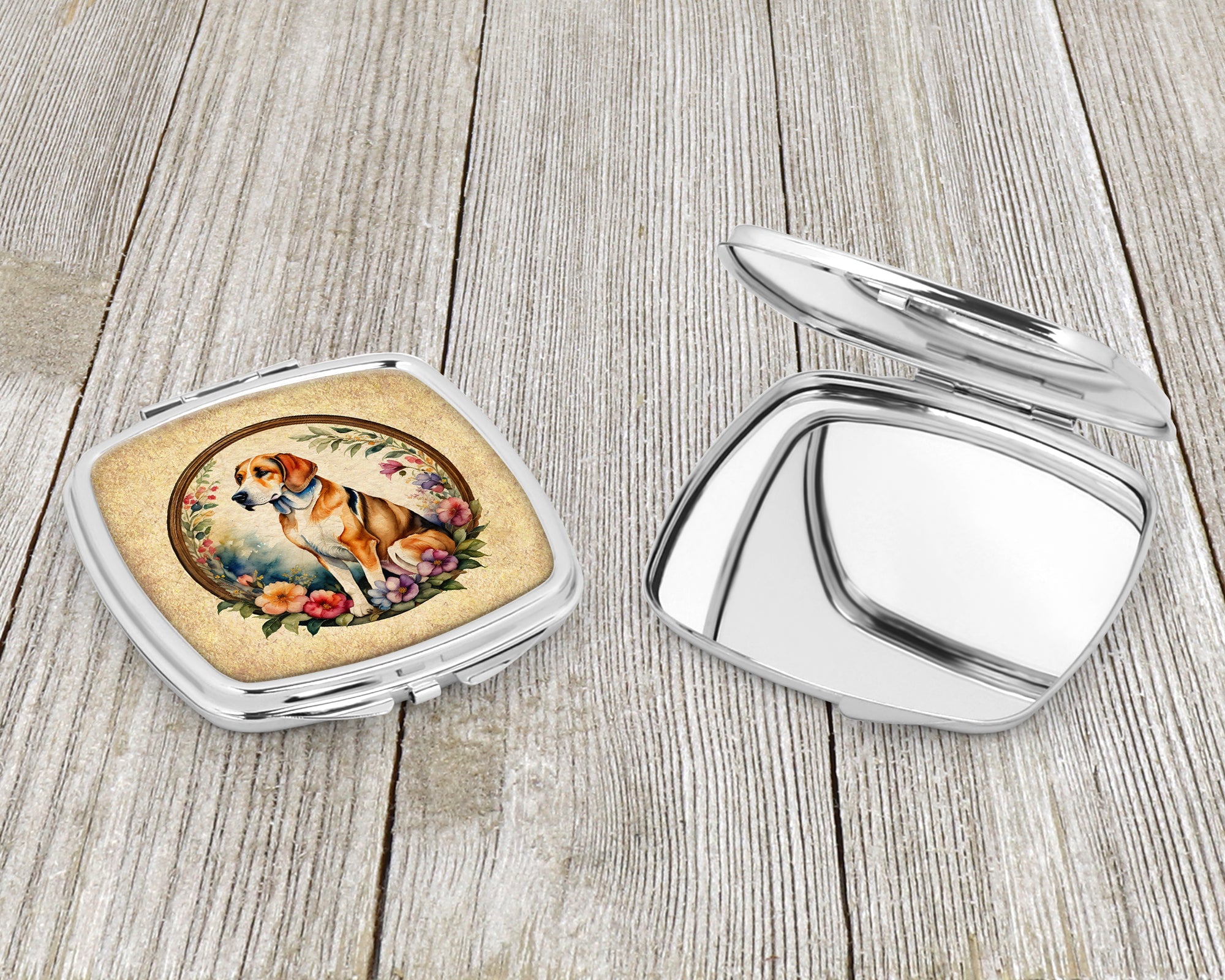 American Foxhound and Flowers Compact Mirror Decorative Travel Makeup Mirror for Women Girls Gifts Pocket Makeup Mirror Folding Handheld