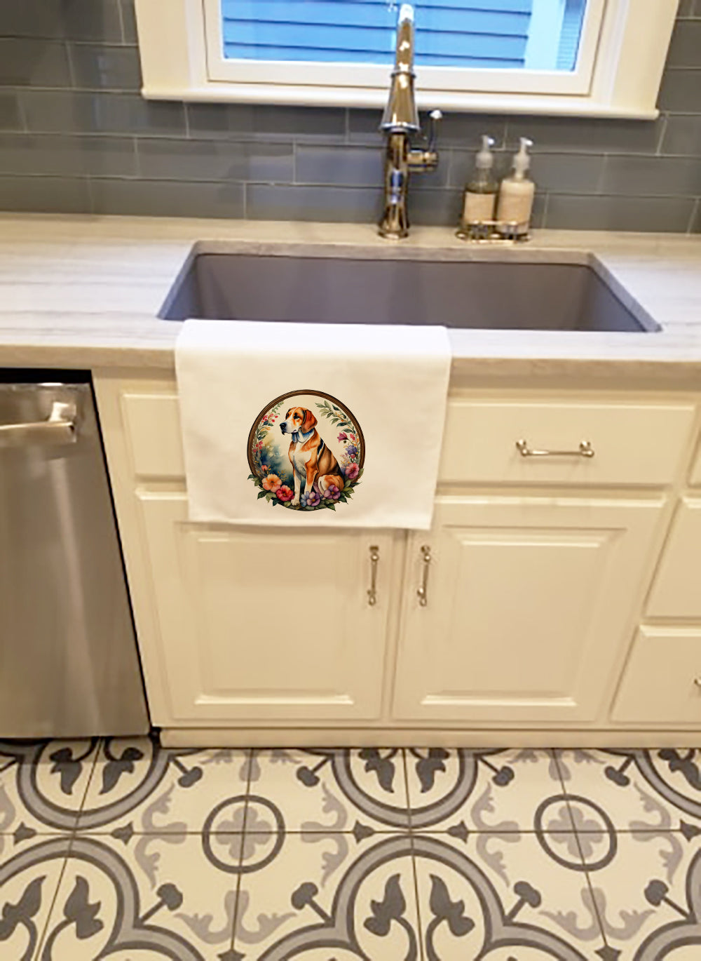American Foxhound and Flowers Kitchen Towel Set of 2 White Dish Towels Decorative Bathroom Hand towel for Hand, Face, Hair, Yoga, Tea, Dishcloth, 19 X 28", White