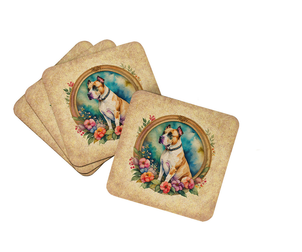American Staffordshire Terrier and Flowers Foam Coasters Set of 4 Cup Coasters for Indoor Outdoor, Tabletop Protection, Anti Slip, Mouse pad Material
