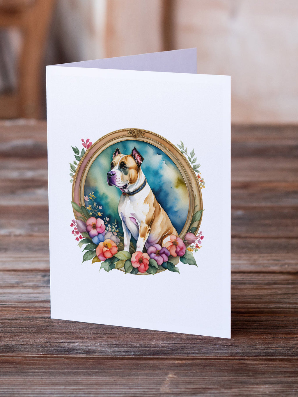 American Staffordshire Terrier and Flowers Greeting Cards Pack of 8 Blank Cards with Envelopes Whimsical A7 Size 5x7