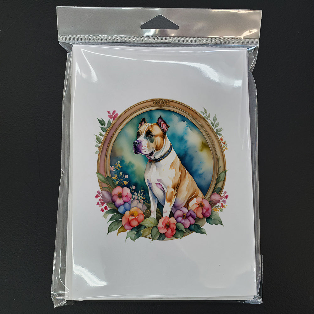 American Staffordshire Terrier and Flowers Greeting Cards Pack of 8 Blank Cards with Envelopes Whimsical A7 Size 5x7