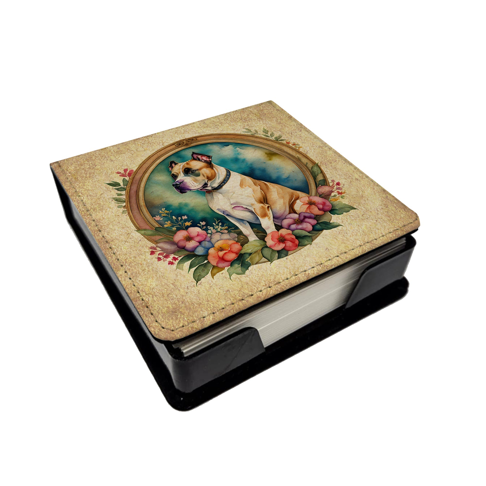 American Staffordshire Terrier and Flowers PU Leather Note Paper Holder with Artist-Designed Cover, Desk Accessory, Office Gift
