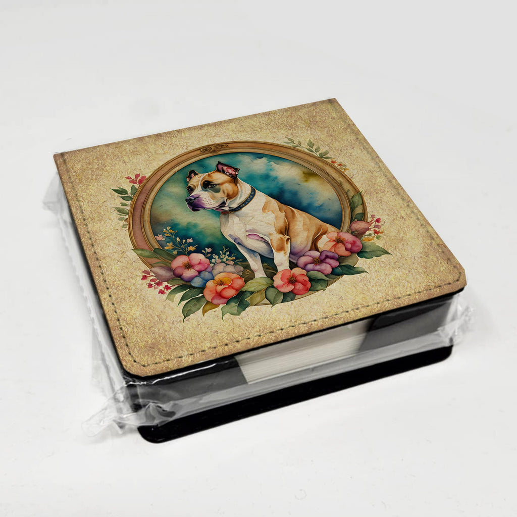 American Staffordshire Terrier and Flowers PU Leather Note Paper Holder with Artist-Designed Cover, Desk Accessory, Office Gift