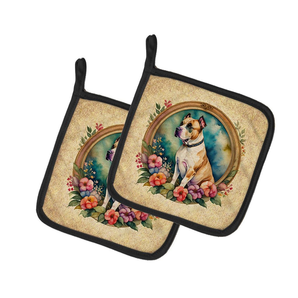 American Staffordshire Terrier and Flowers Pot Holder Set of 2 Heat Resistant Quilted Hot Pads 7.5 x 7.5 Inch, Insulated Kitchen Trivets for Cooking & Baking