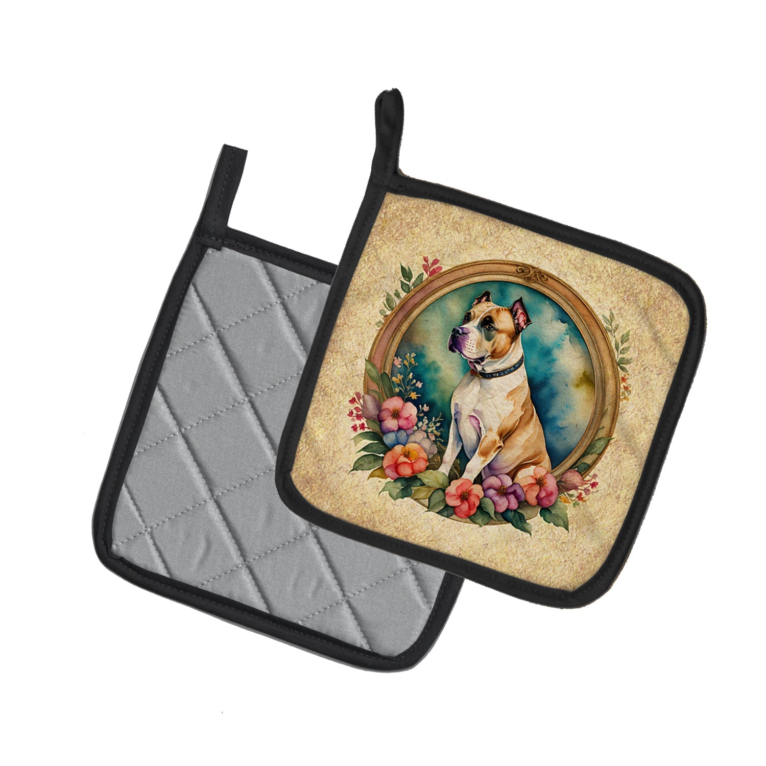American Staffordshire Terrier and Flowers Pot Holder Set of 2 Heat Resistant Quilted Hot Pads 7.5 x 7.5 Inch, Insulated Kitchen Trivets for Cooking & Baking