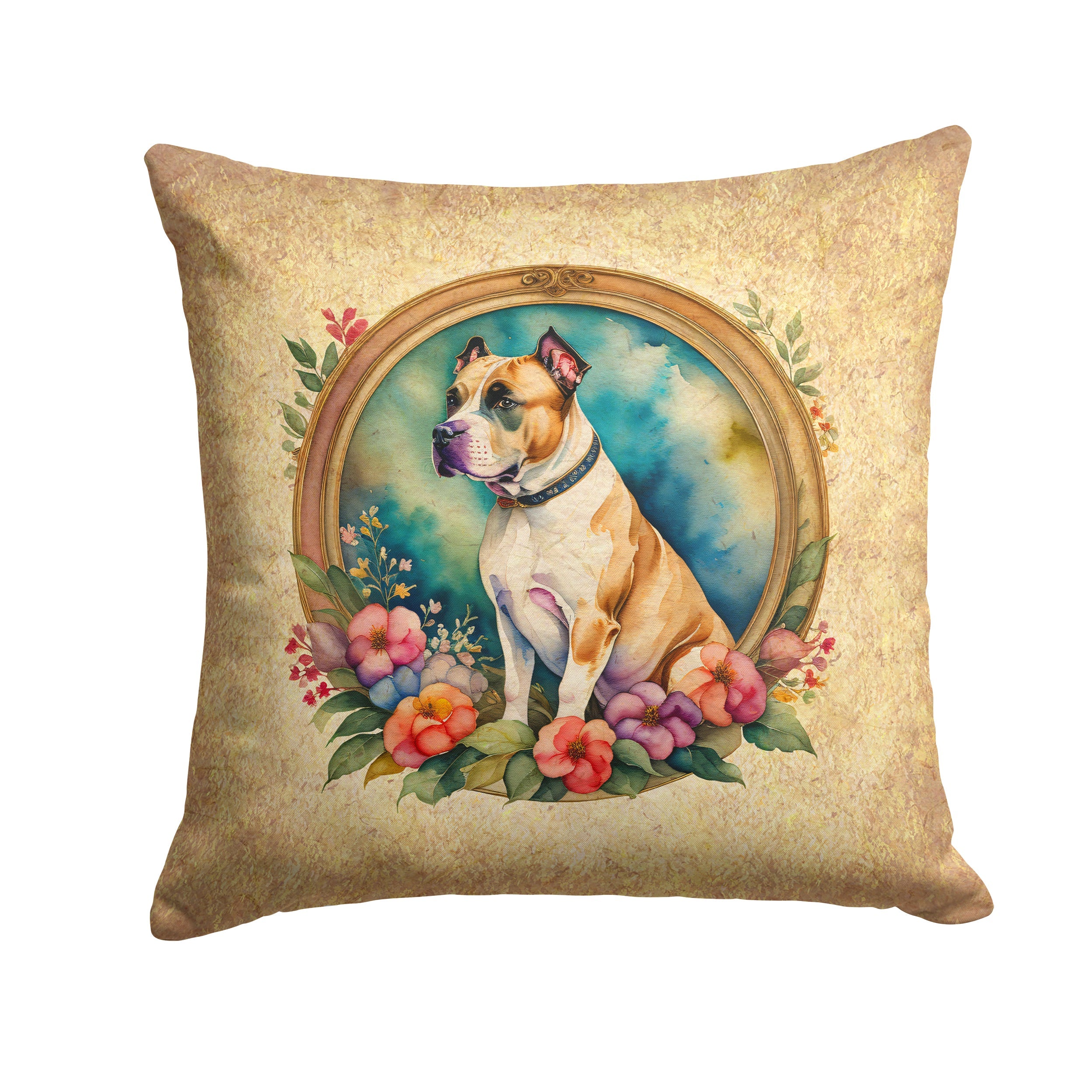 American Staffordshire Terrier and Flowers Decorative Throw Pillow 14x14 Indoor Outdoor Accent Cushion, Fabric Cover with Insert for Sofa, Bed, Porch & Living Room