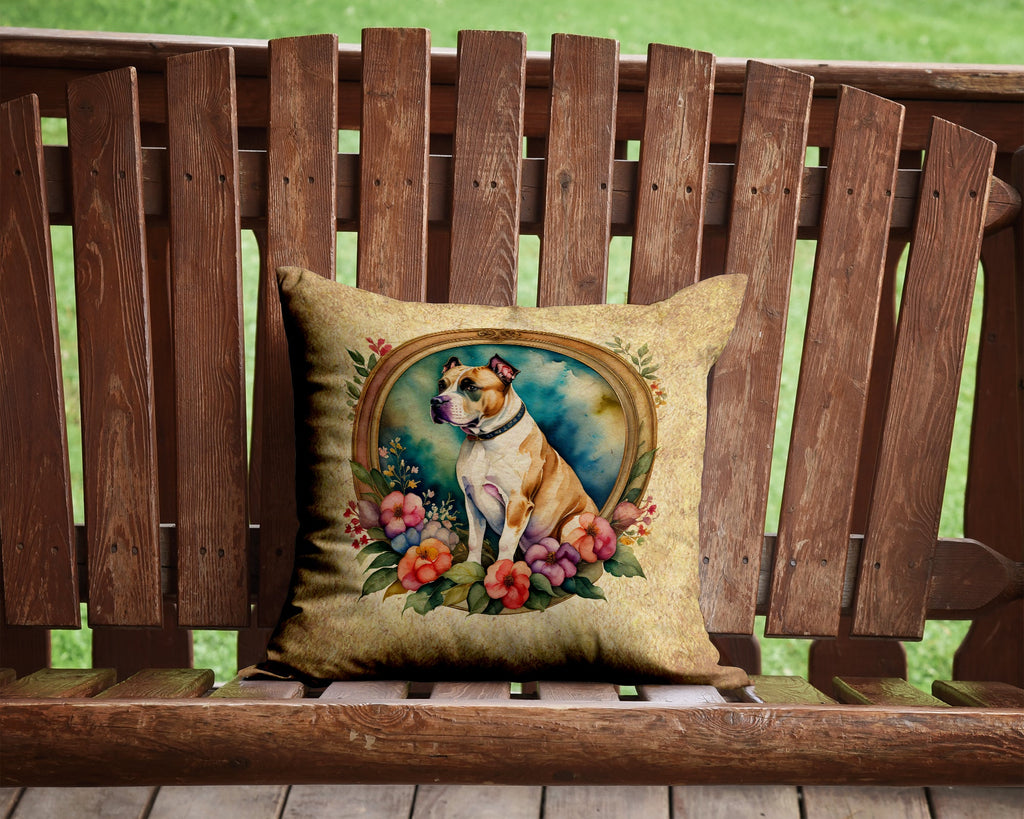American Staffordshire Terrier and Flowers Decorative Throw Pillow 14x14 Indoor Outdoor Accent Cushion, Fabric Cover with Insert for Sofa, Bed, Porch & Living Room