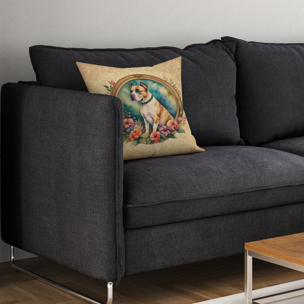 American Staffordshire Terrier and Flowers Decorative Throw Pillow 14x14 Indoor Outdoor Accent Cushion, Fabric Cover with Insert for Sofa, Bed, Porch & Living Room
