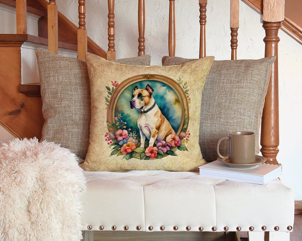 American Staffordshire Terrier and Flowers Decorative Throw Pillow 14x14 Indoor Outdoor Accent Cushion, Fabric Cover with Insert for Sofa, Bed, Porch & Living Room