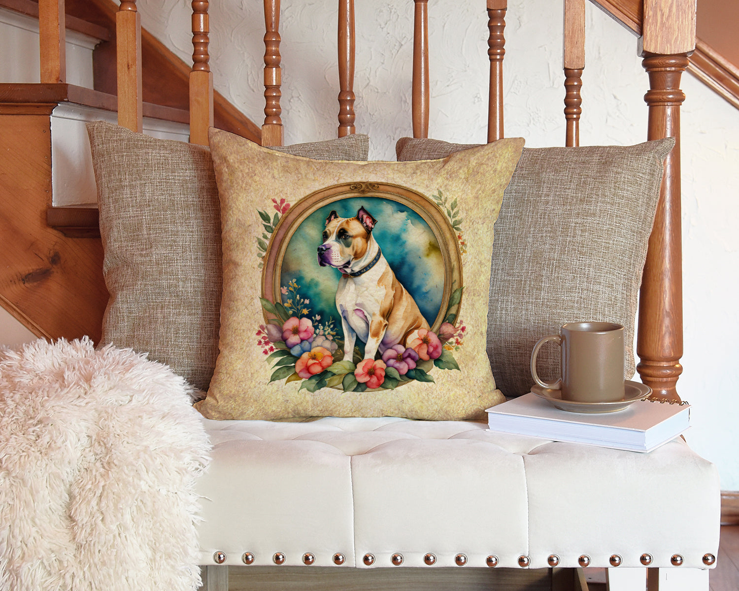 American Staffordshire Terrier and Flowers Decorative Throw Pillow 14x14 Indoor Outdoor Accent Cushion, Fabric Cover with Insert for Sofa, Bed, Porch & Living Room