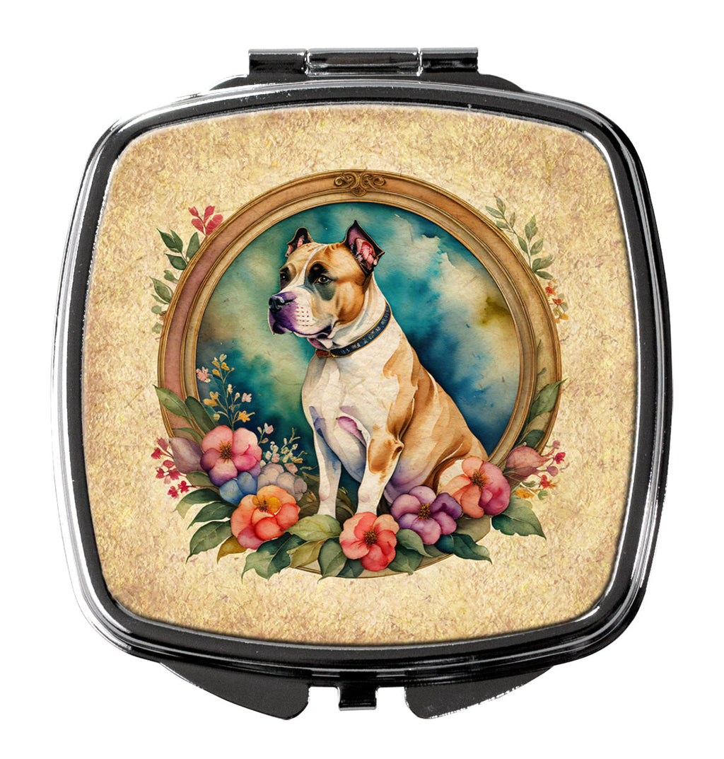 American Staffordshire Terrier and Flowers Compact Mirror Decorative Travel Makeup Mirror for Women Girls Gifts Pocket Makeup Mirror Folding Handheld