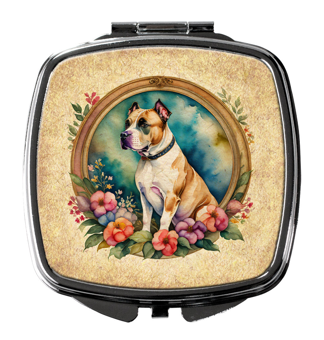 American Staffordshire Terrier and Flowers Compact Mirror Decorative Travel Makeup Mirror for Women Girls Gifts Pocket Makeup Mirror Folding Handheld