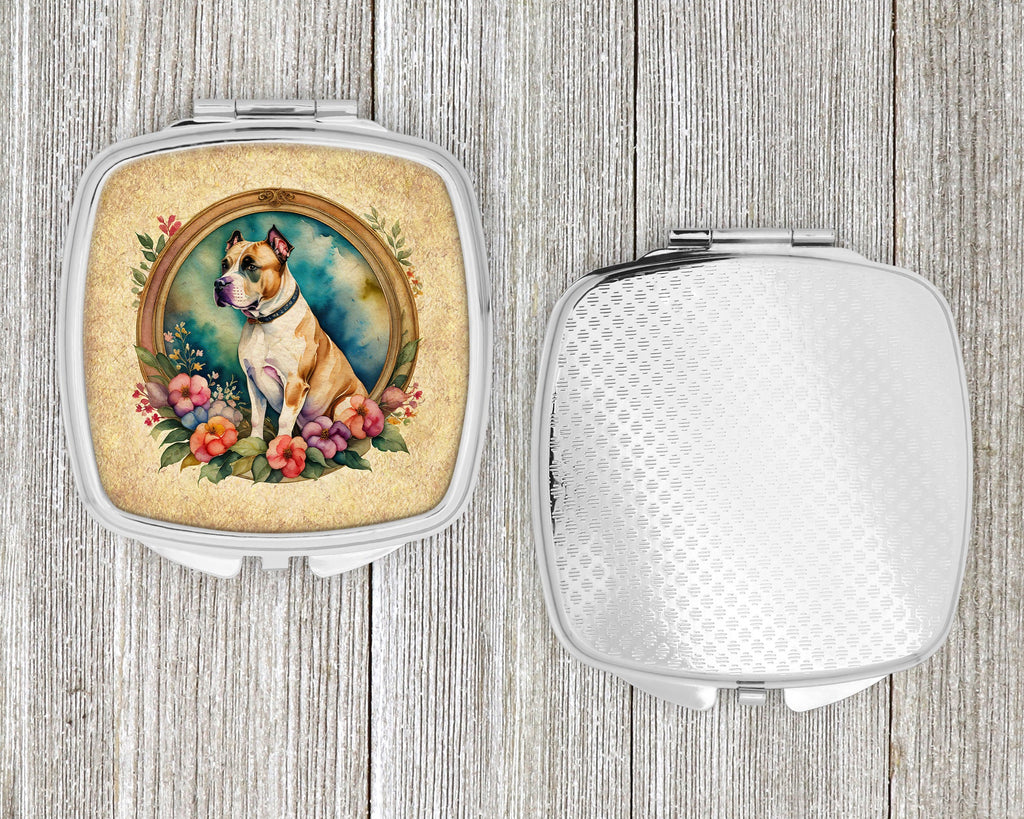 American Staffordshire Terrier and Flowers Compact Mirror Decorative Travel Makeup Mirror for Women Girls Gifts Pocket Makeup Mirror Folding Handheld