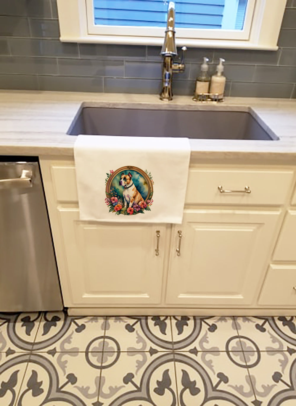 American Staffordshire Terrier and Flowers Kitchen Towel Set of 2 White Dish Towels Decorative Bathroom Hand towel for Hand, Face, Hair, Yoga, Tea, Dishcloth, 19 X 28", White