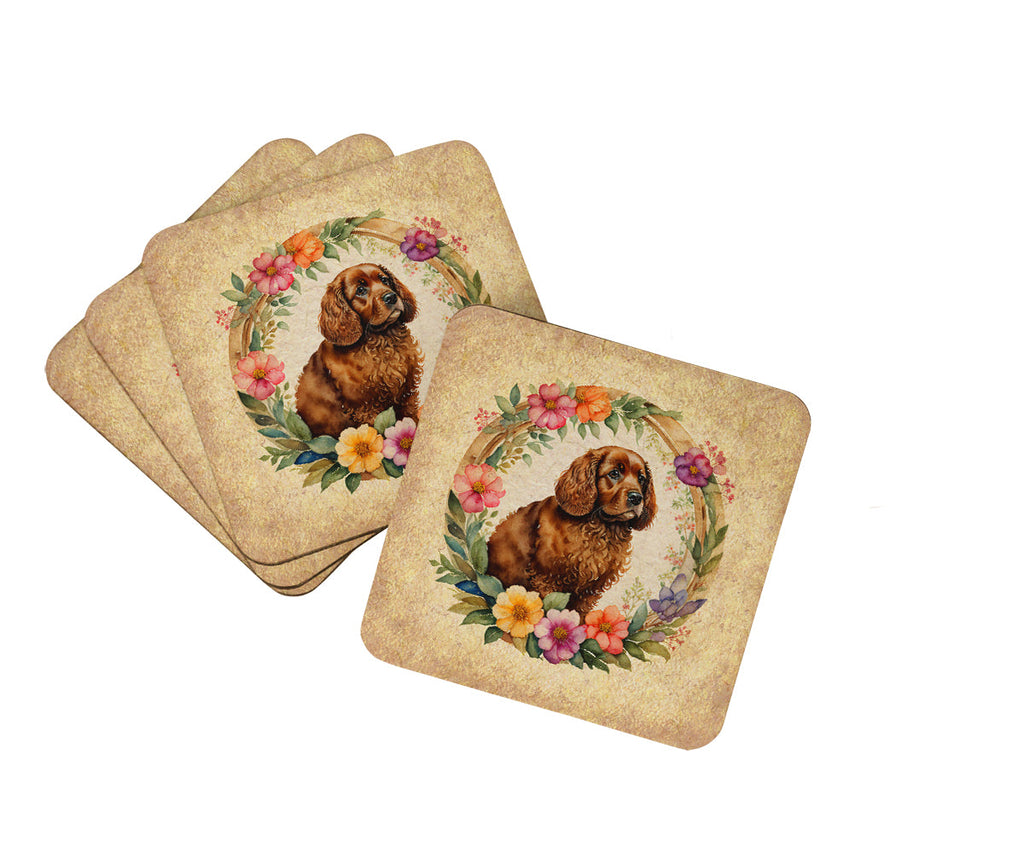 American Water Spaniel and Flowers Foam Coasters Set of 4 Cup Coasters for Indoor Outdoor, Tabletop Protection, Anti Slip, Mouse pad Material